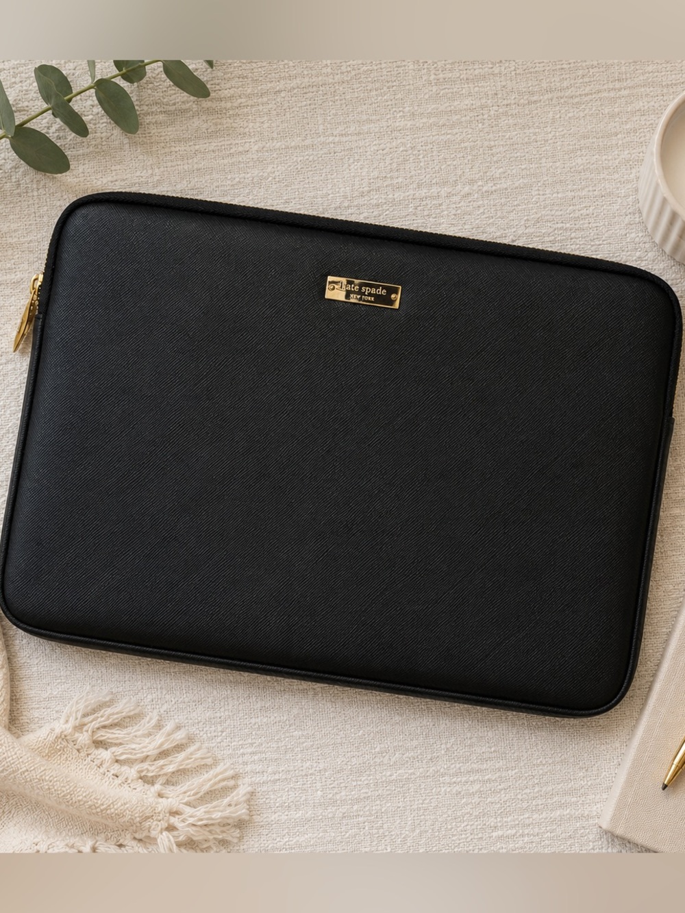 kate spade Black Saffiano Leather Laptop Sleeve with Gold Plaque
